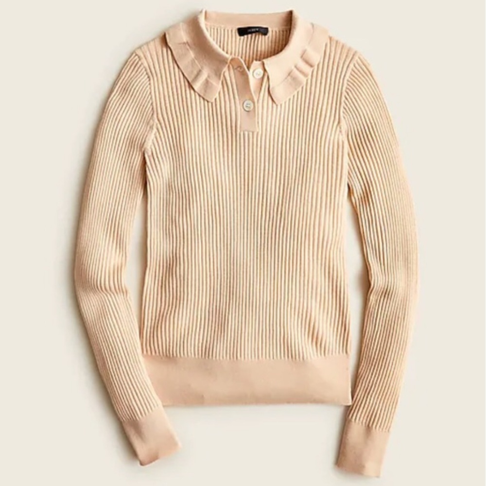 NWT J.Crew Merino Wool Ruffled Collar Ribbed Almond Sweater
